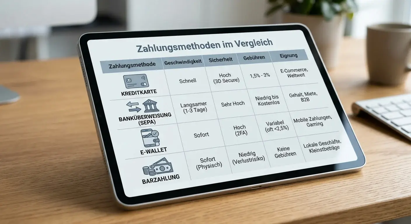Übersichtliche Tabelle mit Zahlungsmethoden-Symbolen und Verarbeitungszeiten