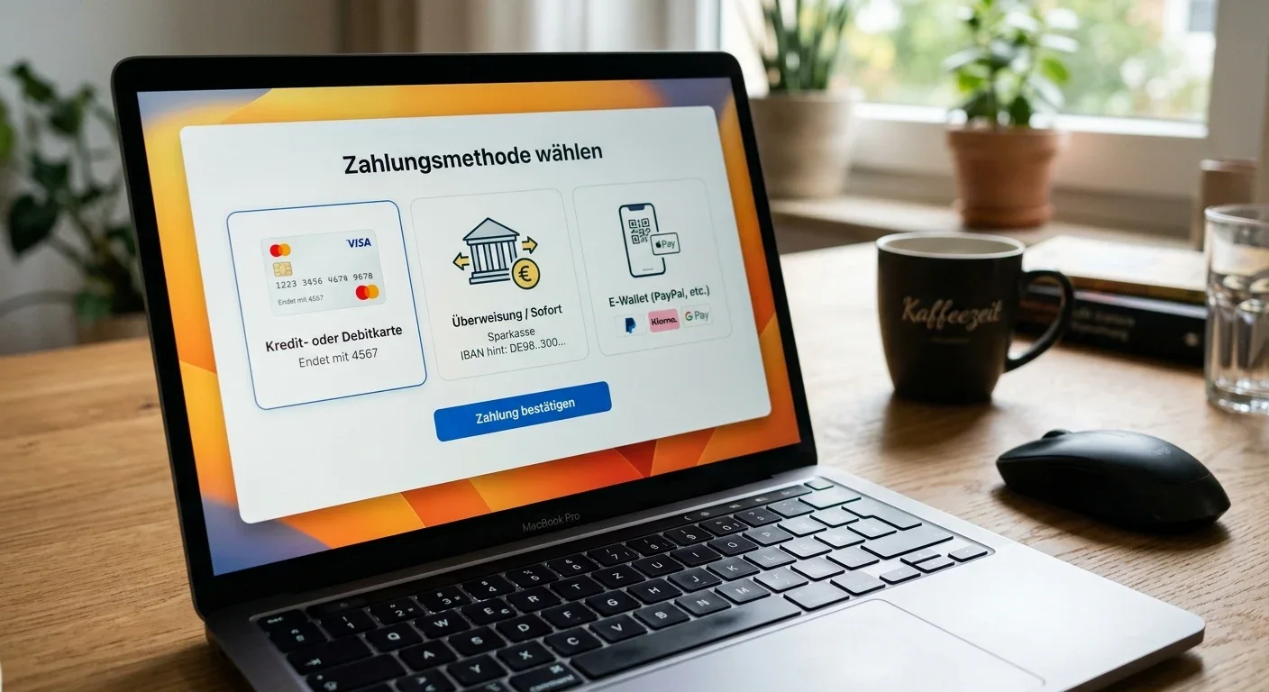 Laptop mit verschiedenen Zahlungsmethoden-Symbolen auf Bildschirm