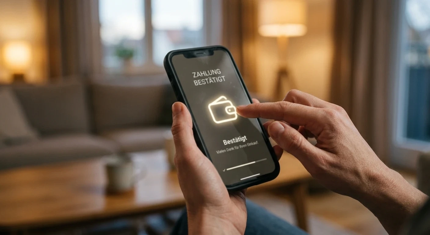 Person tippt am Smartphone eine Zahlung mit abstraktem Wallet-Symbol ein