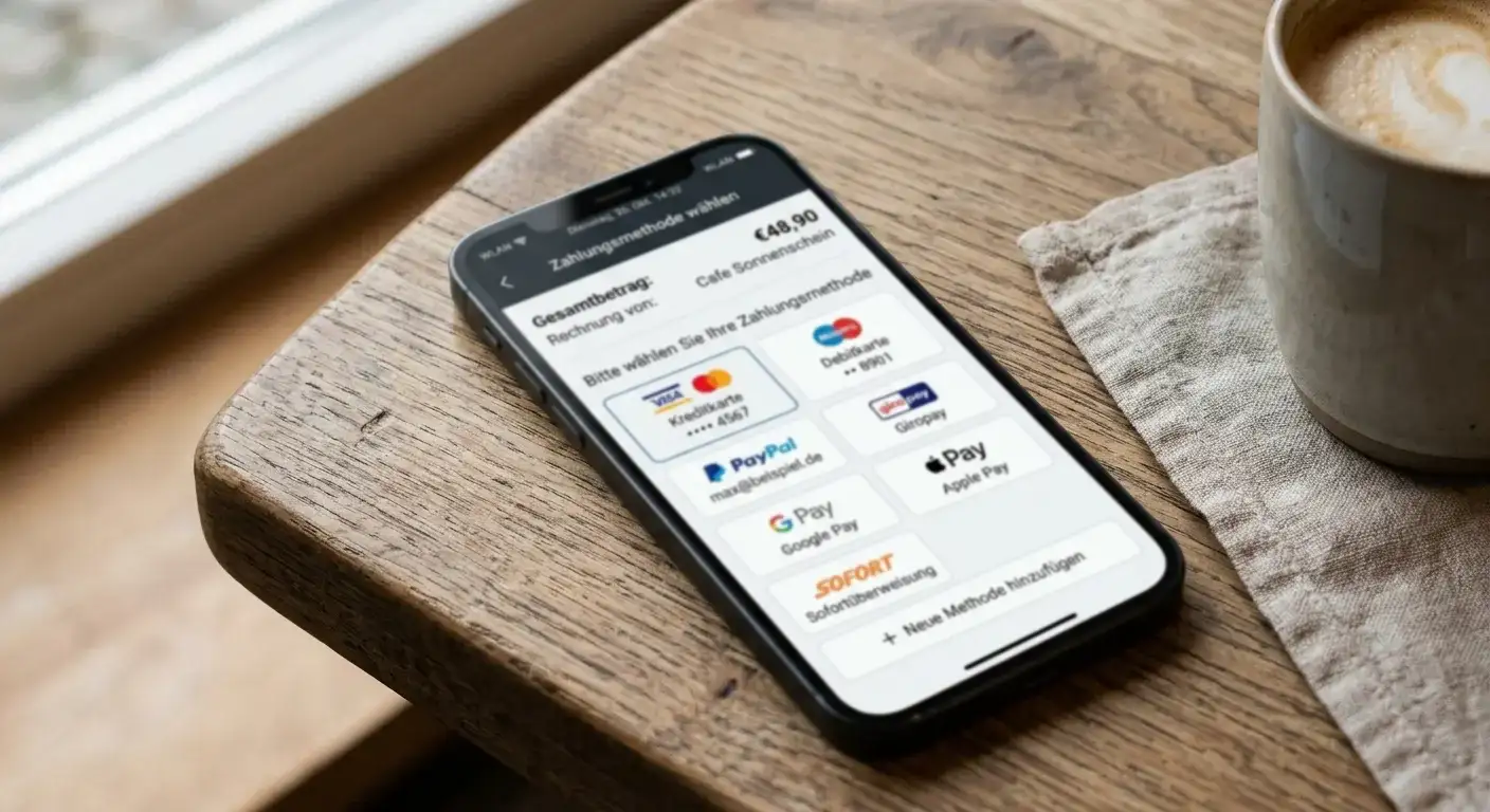 Smartphone mit verschiedenen digitalen Zahlungsmethoden-Icons auf dem Bildschirm