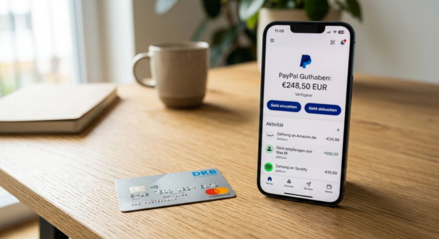 Smartphone mit geöffneter PayPal-App und Kreditkarte auf einem Tisch